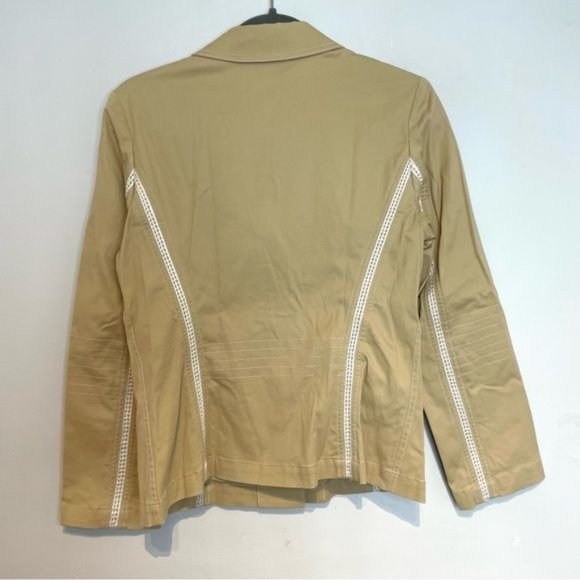 ST JOHN NOTCHED LAPEL SINGLE BREASTED TAN BEIGE BLAZER CROCHET LACE ACCENT S - Picture 3 of 8